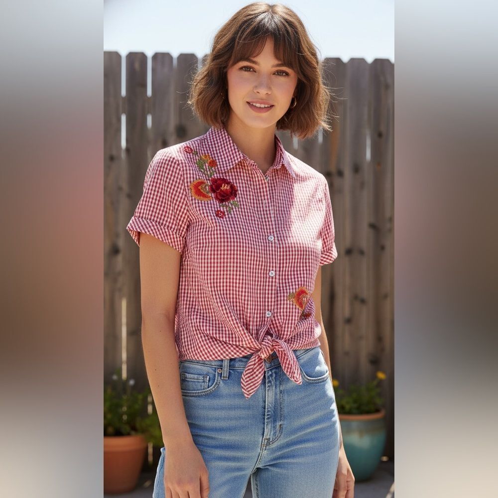 Take 50% OFF- Kontrol Red Embroidered Button-Up Shirt, Size-M